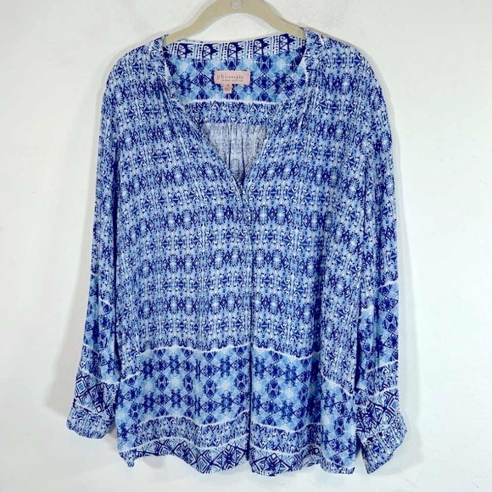 Philosophy Woman Boho Prairie Relaxed Fit Women’s Size 1X Blue White Blouse Top